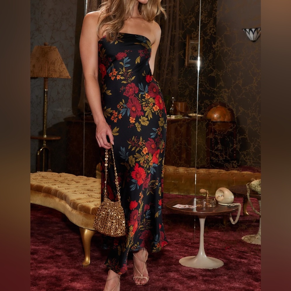 NWT 12th Tribe Natalia Black Floral Strapless Maxi Dress